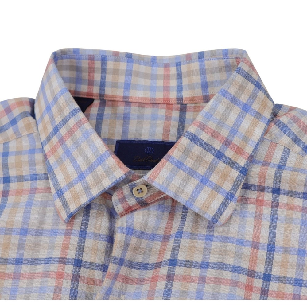 David Donahue Shirt Mens Medium Blue Pink Tan Plaid Short Sleeve Linen Blend - Picture 1 of 12